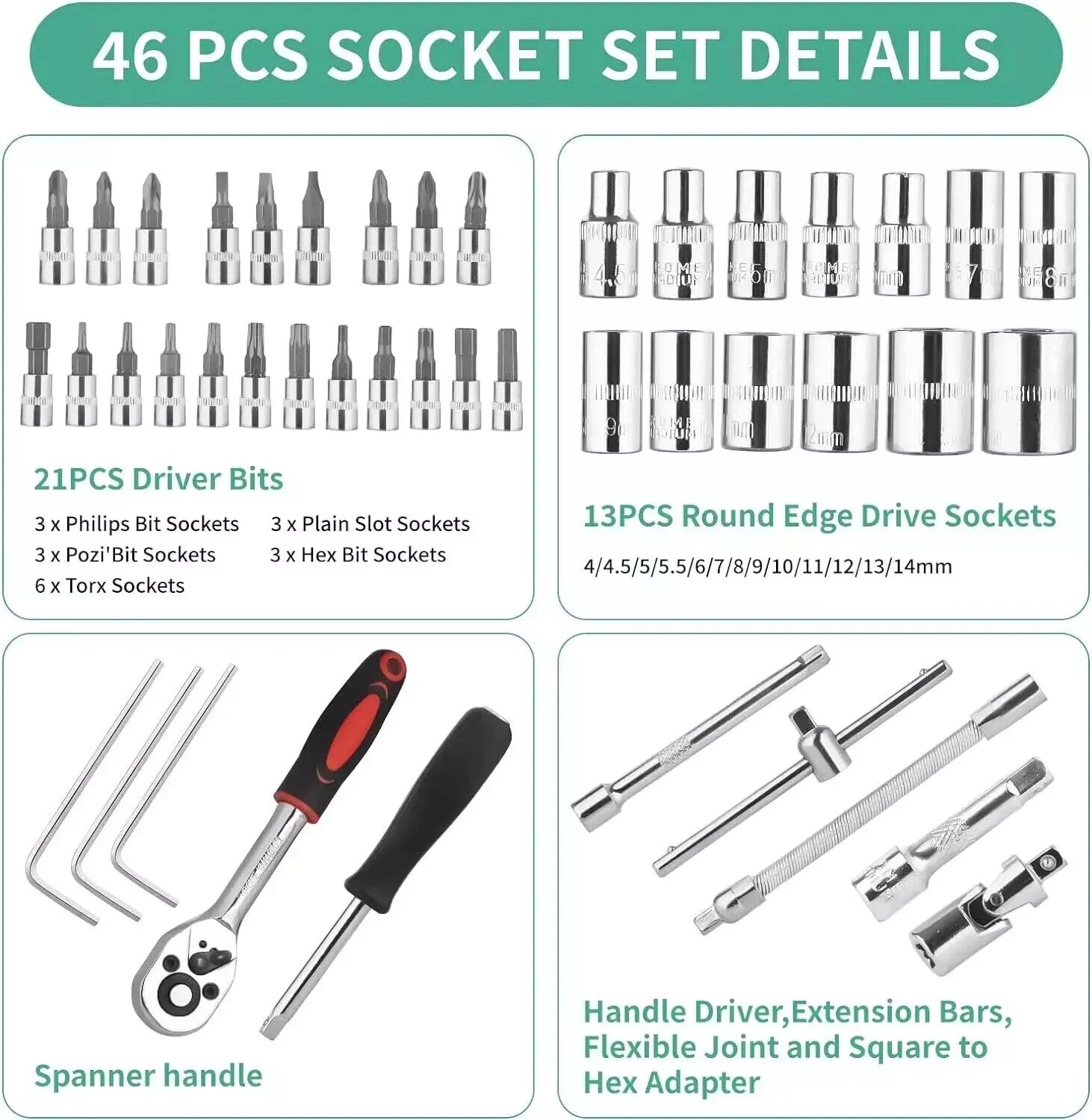 48 Pcs Socket Wrench Set 1/4" Drive Ratchet Metric Kit Garage Car Repair Tool US