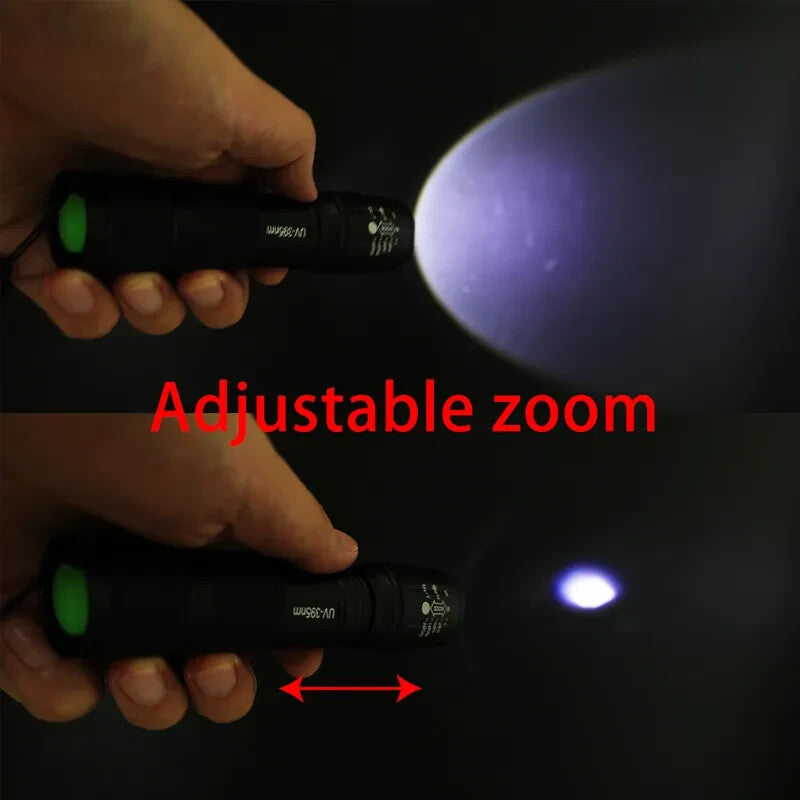 UV Flashlight LED Torch Zoomable Ultra Violet Black White Dual Light Detector