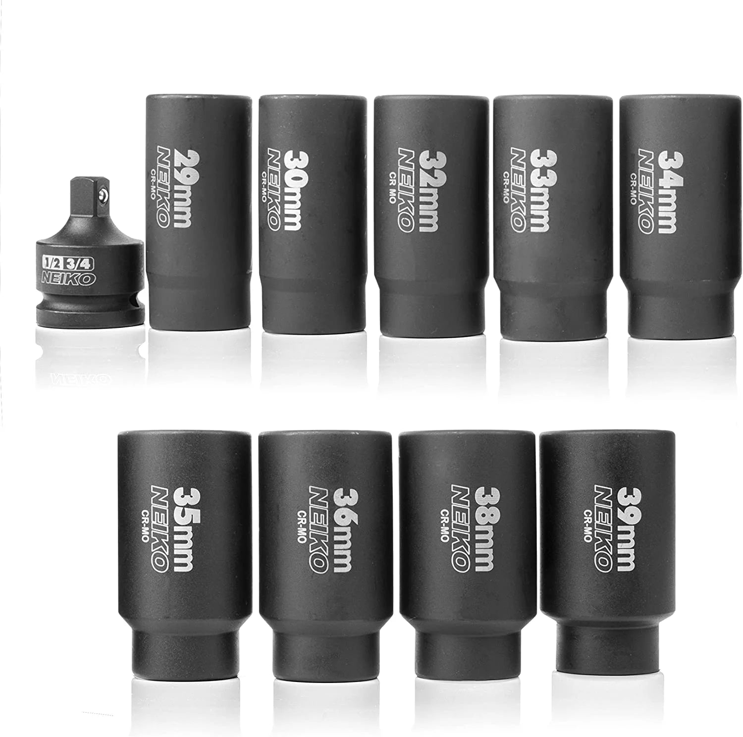 02531A 10 Piece 12 Point Socket Set 1/2” Drive, Lug Nut Remover, Spindle Nut Socket, Axle Nut Socket Set, Metric 29-39Mm Socket 1/2 Drive Impact Set, Cr-Mo Impact Adapter, 3/4" -1/2” Reducer