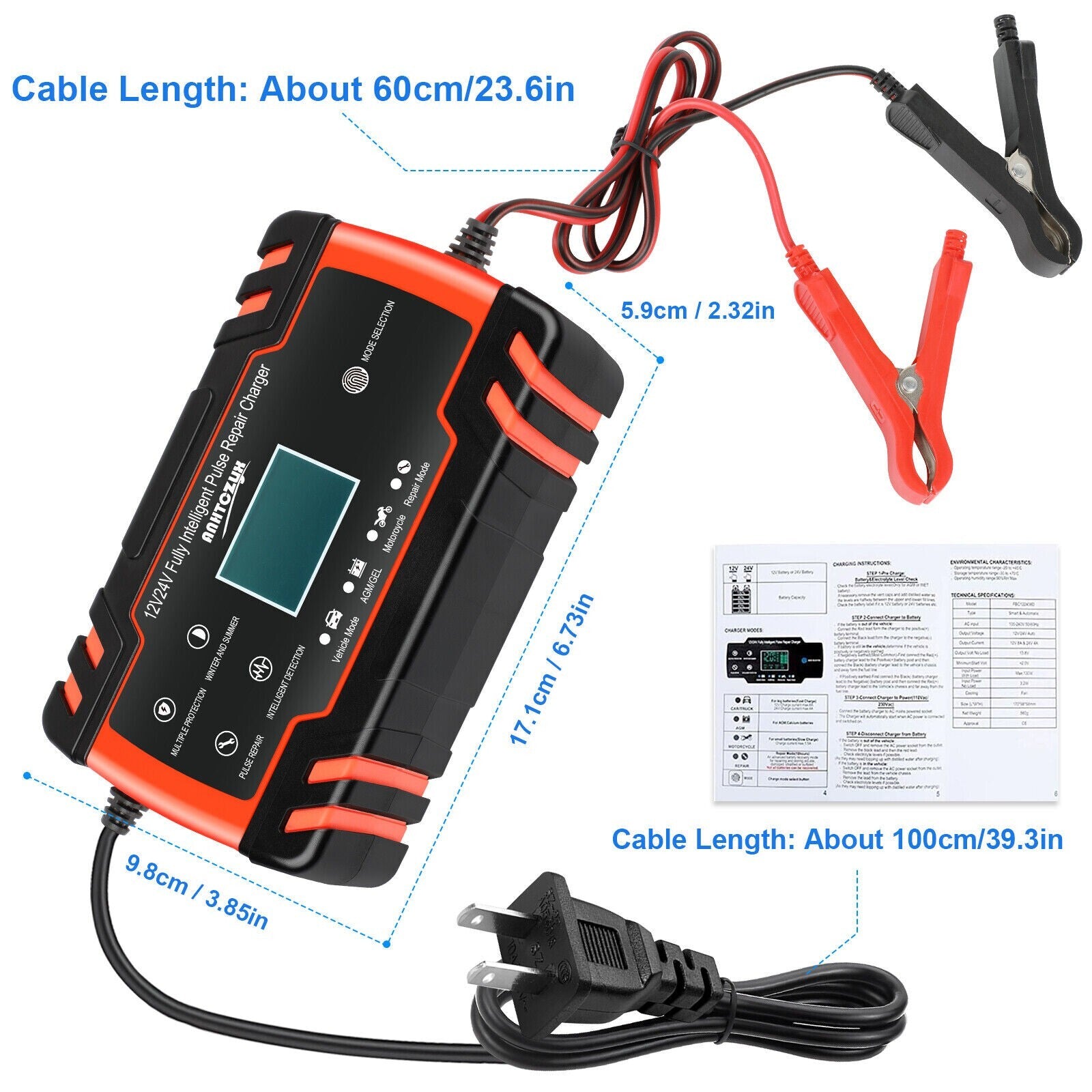 Automatic Intelligent Car Battery Charger 12/24V 8A Pulse Repair Starter AGM/GEL