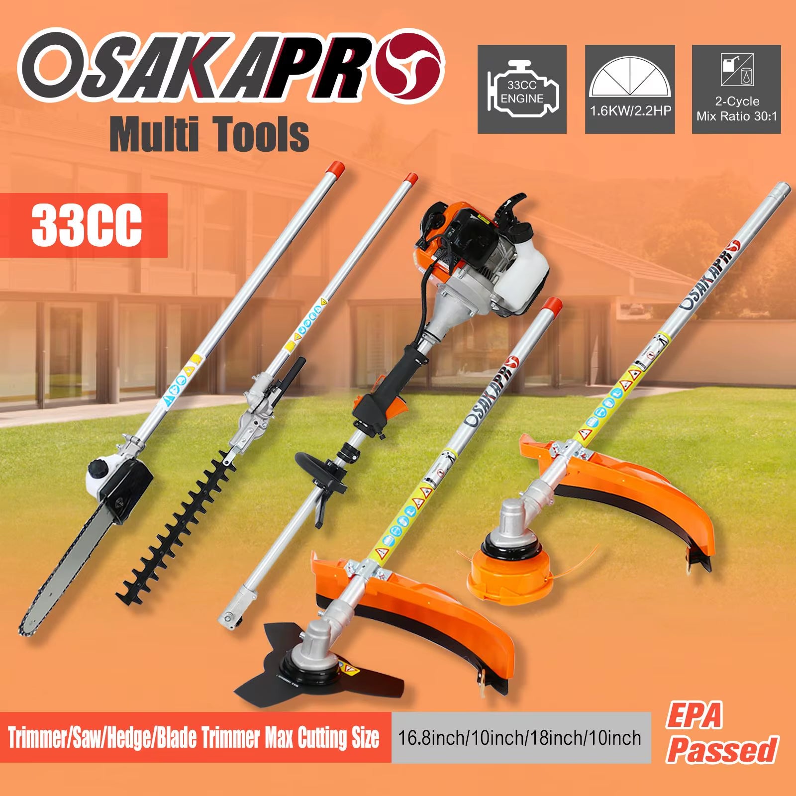 DB 4 in 1 33CC 2-Cycle Multi-Functional Garden Tool System 2-Cycle Gas Pole Saw Hedge Trimmer Grass Trimmer for Lawn Mowing