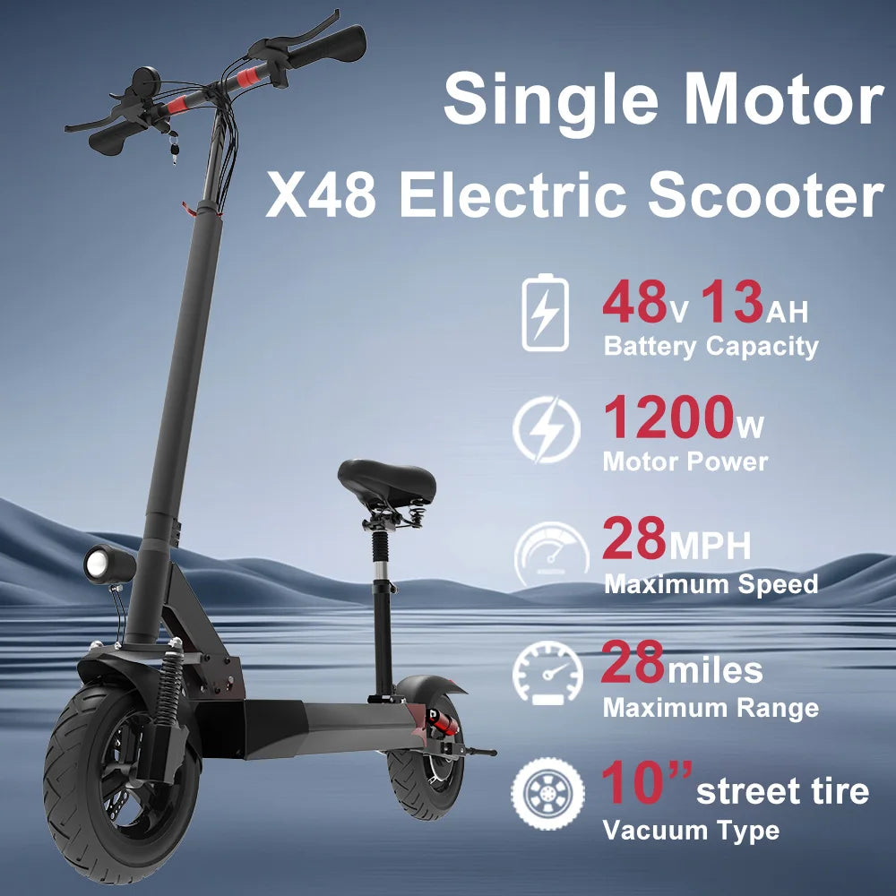 Like New X48 Electric Scooter with Seat 1200W Motor 13AH Battery 28MPH Top Speed 28 Miles Long Range Adults E-Scooters Foldable