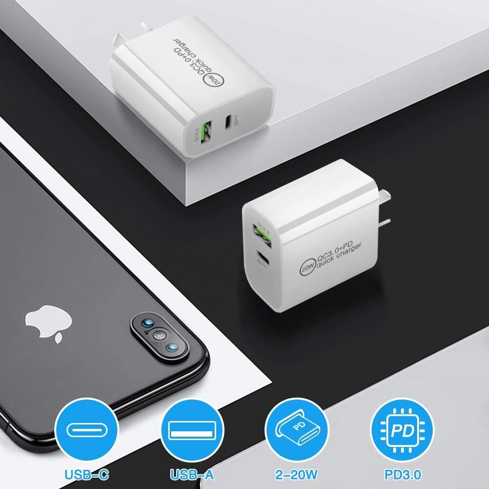 1000X Lot 20W PD Fast Wall Charger Dual Port Adapter USB C QC for Iphone Samsung