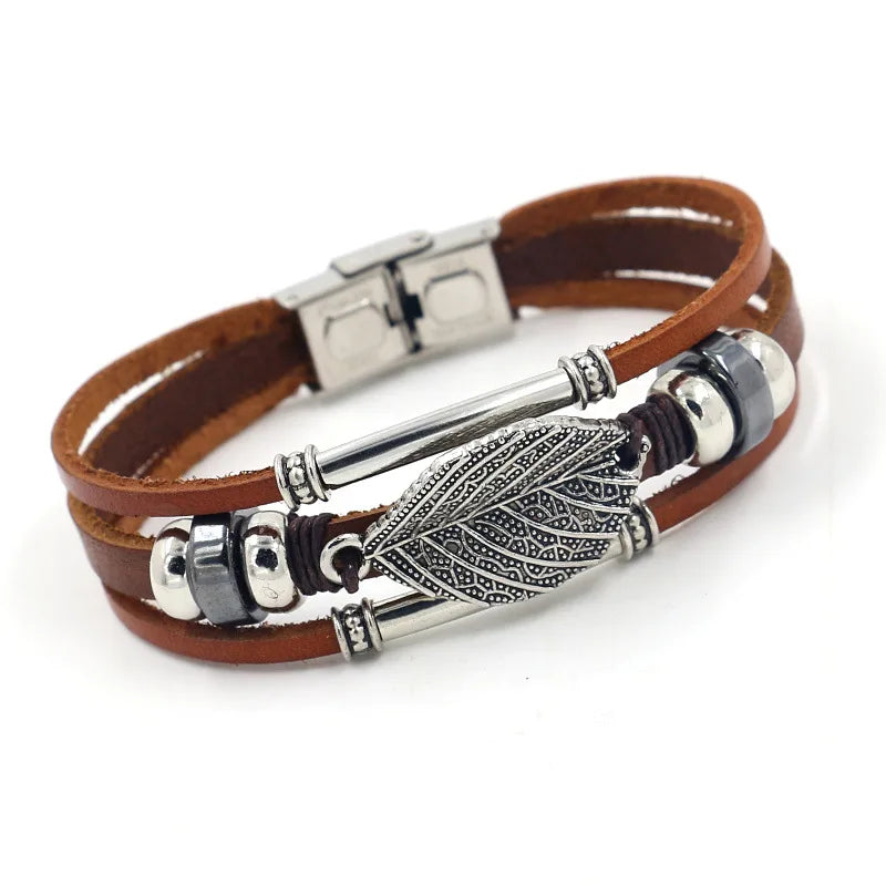 Trendy Punk Multilayer Leather Bracelet Female Fatima Hand Sun Flower Leaf Alloy Accessories Charm Jewelry Wristband Gift