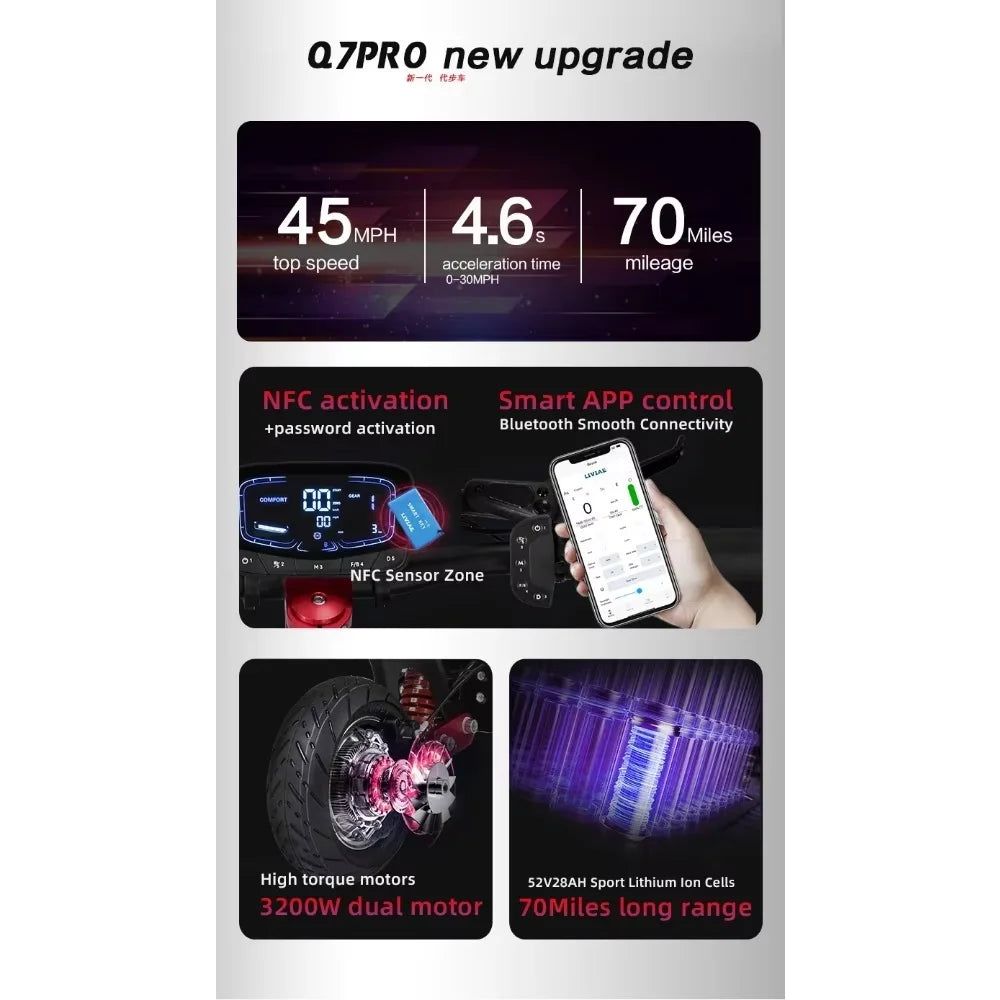 Q7Pro Max Escooters 3200W Dual Motor 52V28Ah Smart APP Bluetooth Connection Electric Scooter NFC Activation E-Scooter
