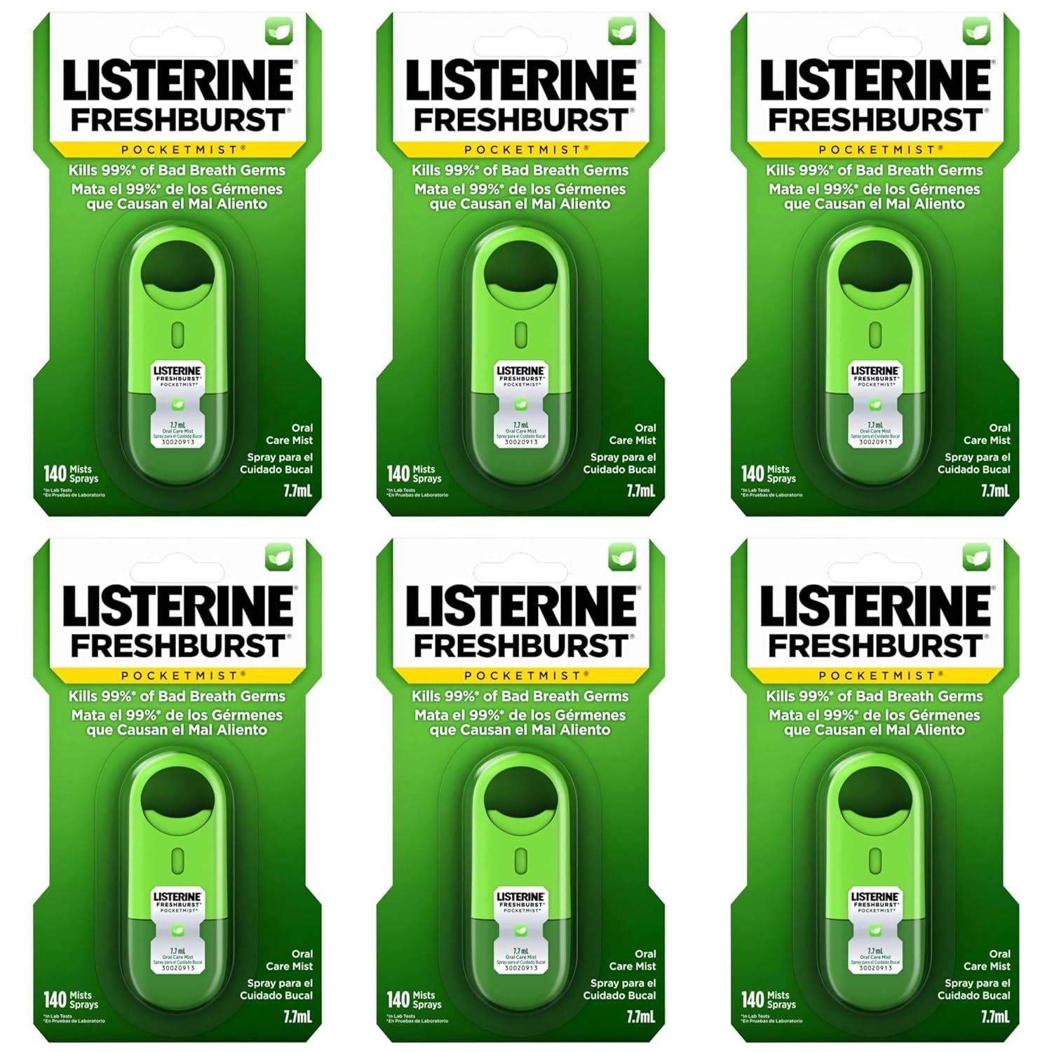 Freshburst Pocketmist Fresh Breath Oral Care Mist, Non-Aerosol Sugar-Free Minty Breath Refresher Spray to Kill 99% of Bad Breath Germs, Portable, Spearmint Flavor, 7.7 Ml, 6 Sprays