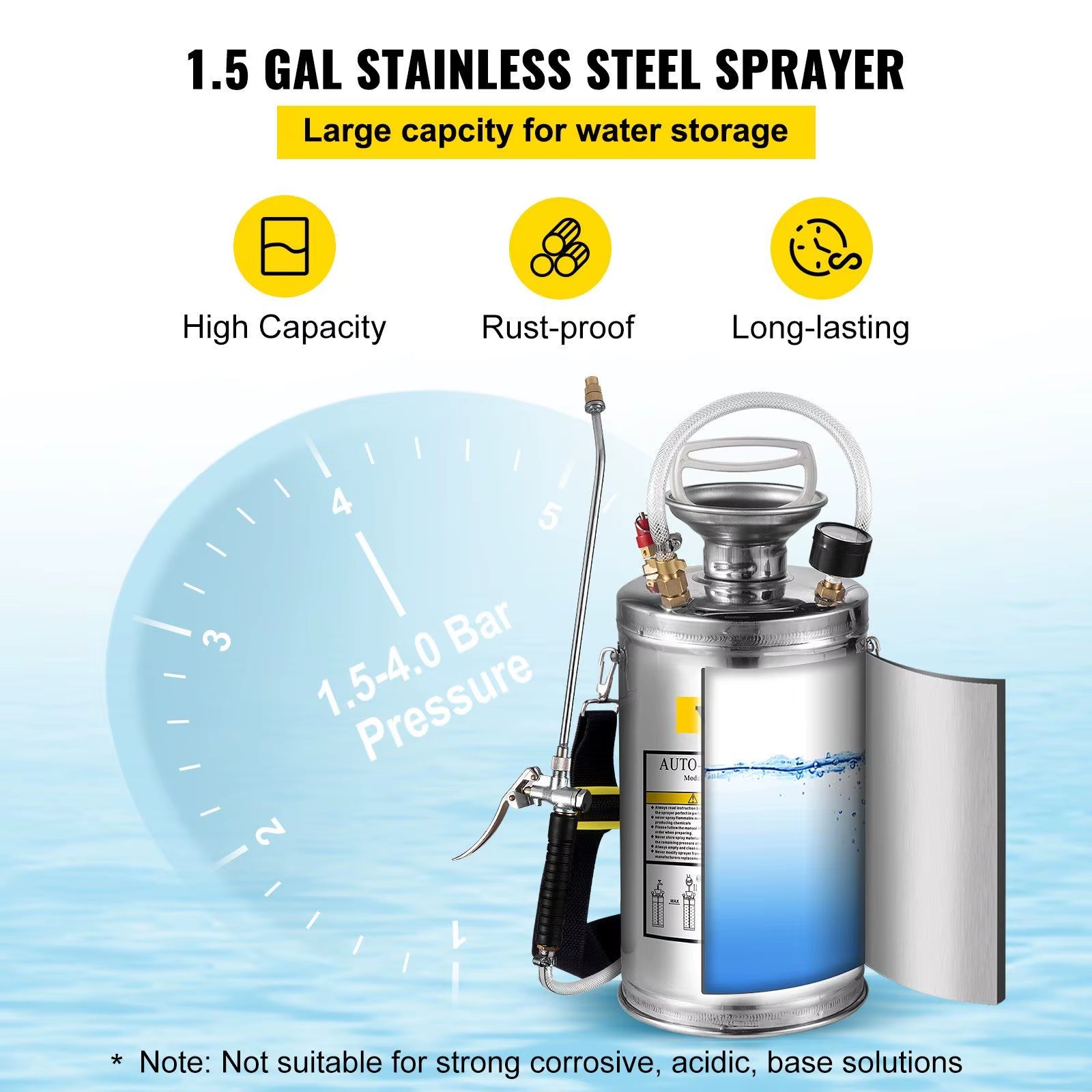 DB Wholesale 1.5-Gallon Stainless Steel Sprayer with 16\" Wand & Handle 3.3FT Reinforced Hose Hand Pump Pressure