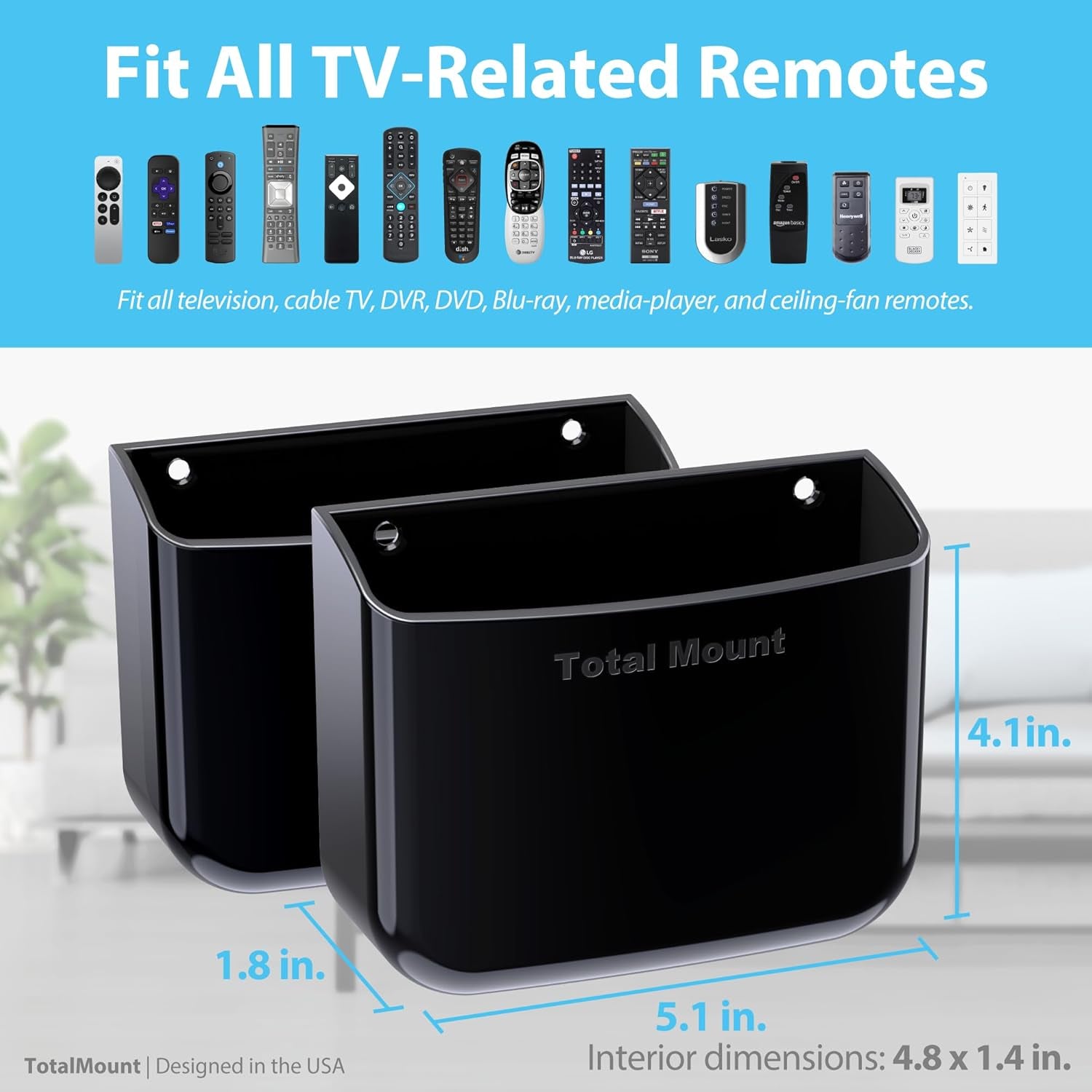 Hole-Free Remote Holders – Eliminate Need to Drill Holes in Your Wall (For 2 or 3 Remote Controls – Black – Quantity 2)