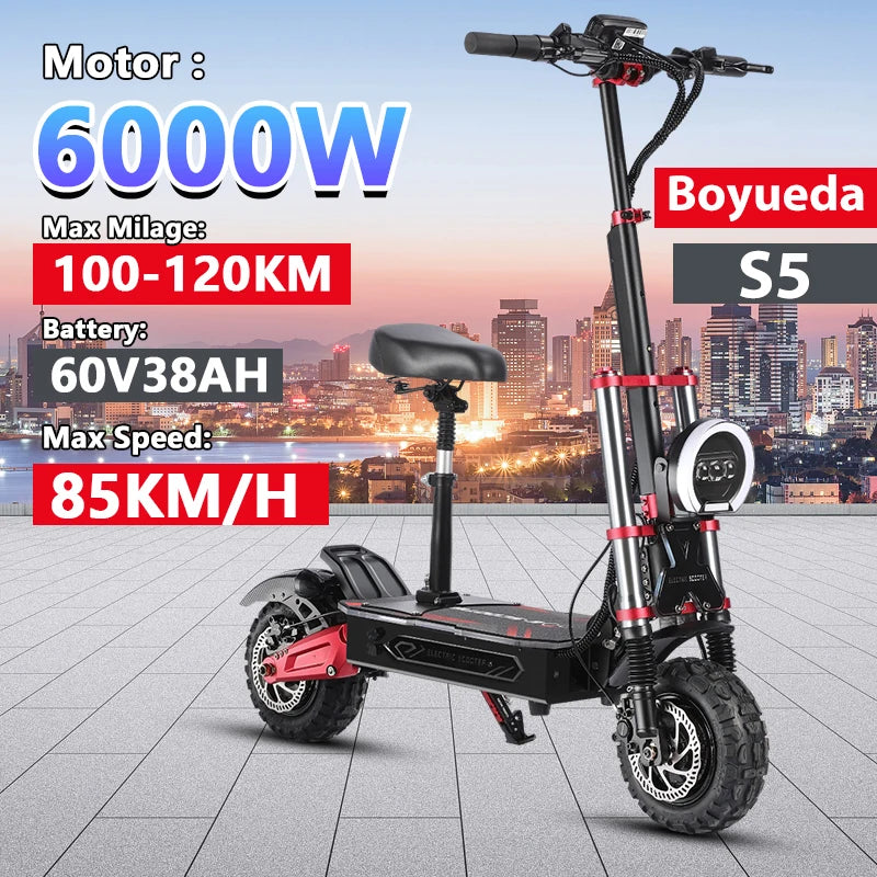 Boyueda S5 Electric Scooter 6000W Motor 60V38AH Battery 11 Inch Adult Off-Road Escooters 85Km/H Double Drive Version E-Scooter