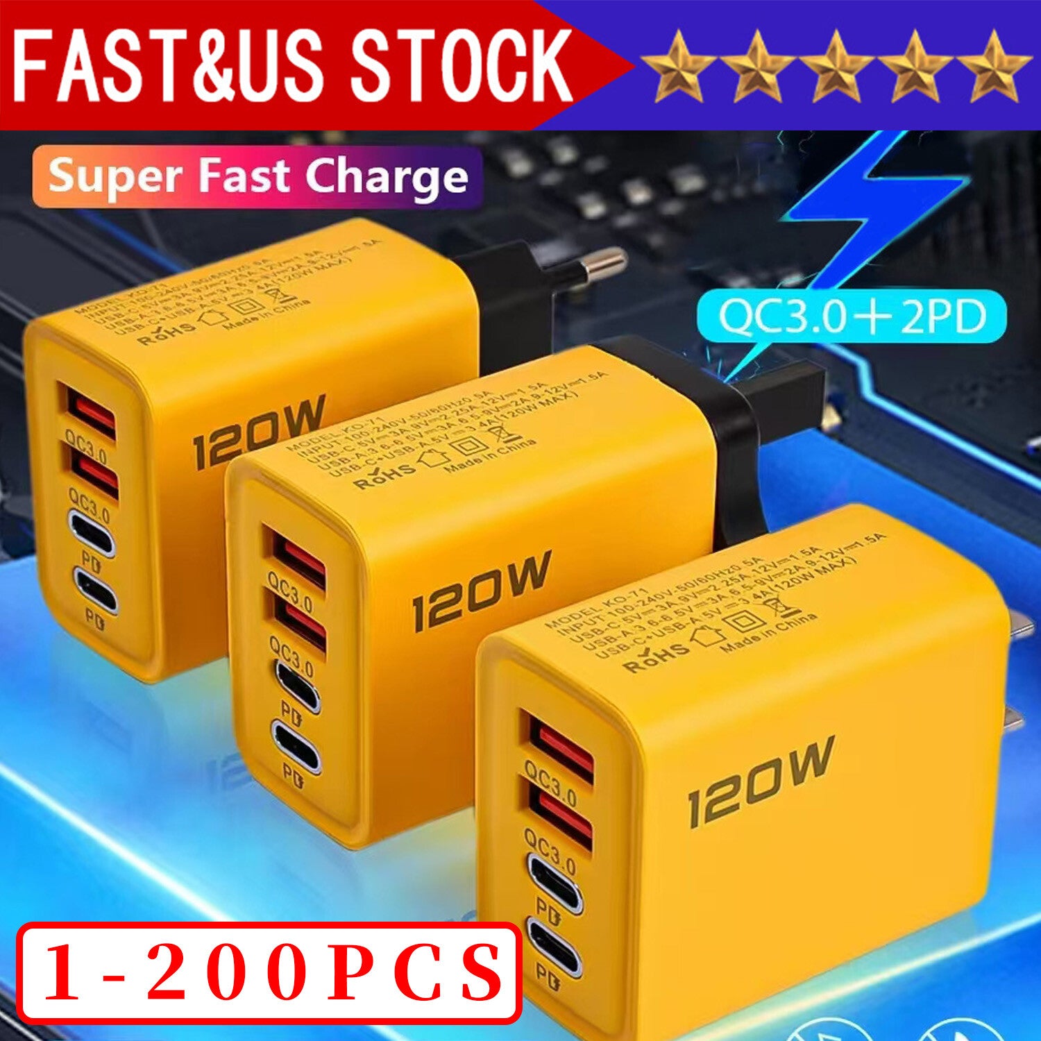 120W 4-Port USB C Fast Wall Charger Block for All Cell Phone Ipad Lot
