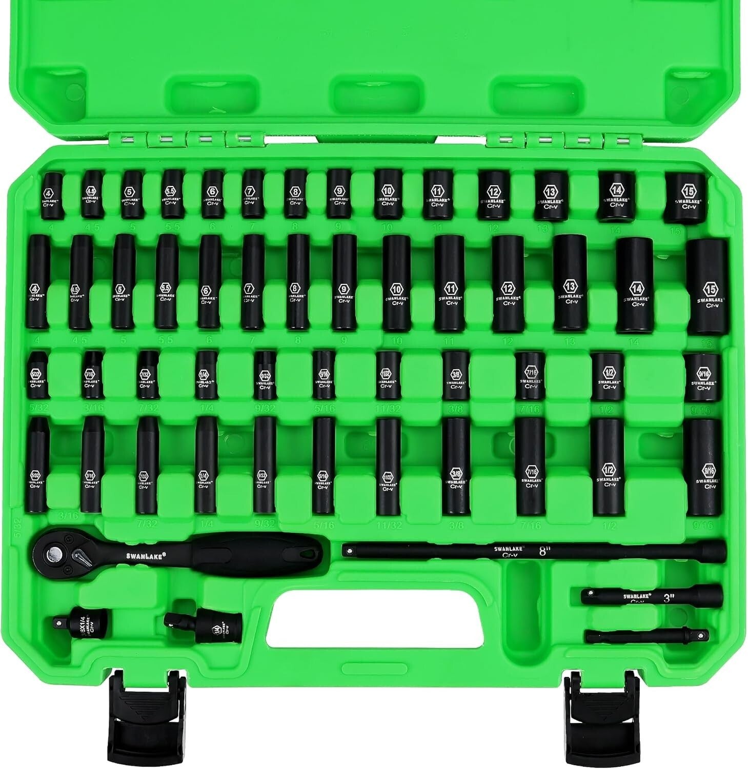 1/4" Drive Impact Socket Set, 56PCS Sae/Metric, Cr-V Steel, Ratchet & Extensions