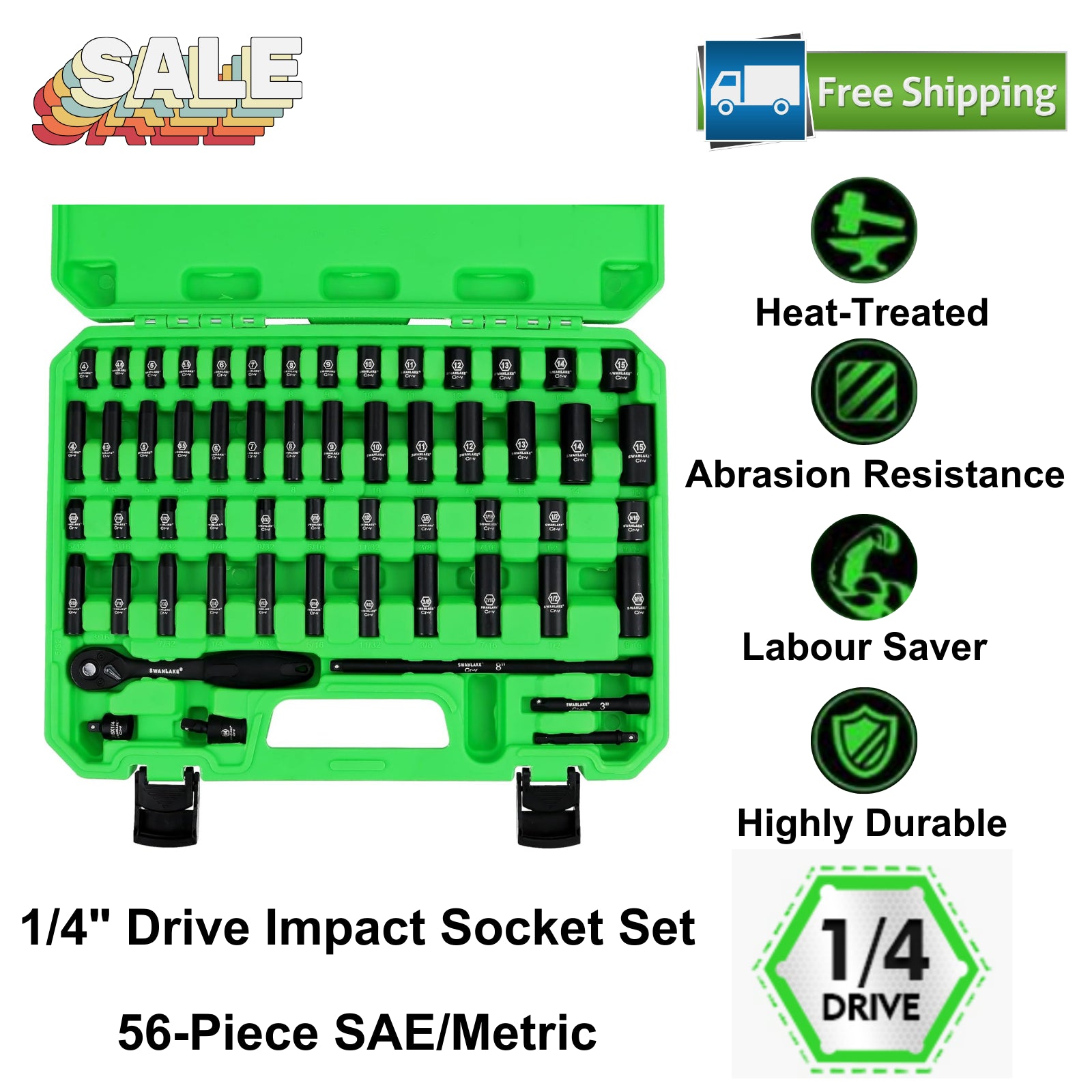 1/4" Drive Impact Socket Set, 56PCS Sae/Metric, Cr-V Steel, Ratchet & Extensions