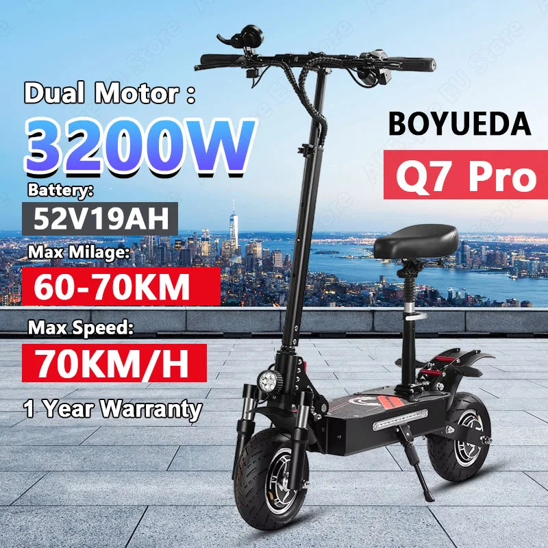 Boyueda Q7Pro E-Scooter 3200W Dual Motor 52V19Ah Battery Shock-Absorbing Seats Electric Scooter 10*3.5Inch Silent Tire Escooters