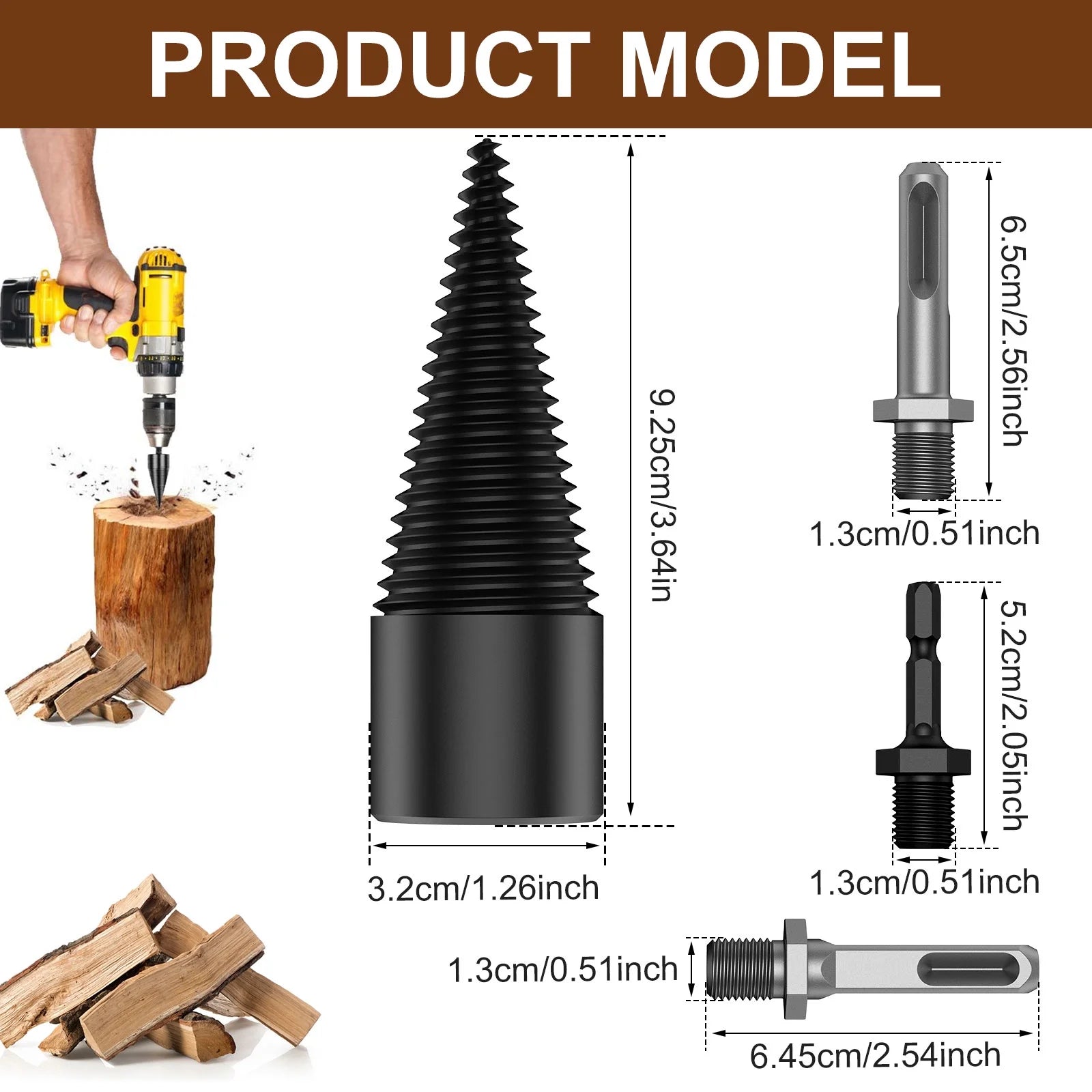 Wood Splitting Drill Bit High Speed Steel Firewood Log Splitter Drill Bit Wood Punch Cone Driver Drill Bit Woodworking Tool with Connecting Rod for Electric Drill Power Tool