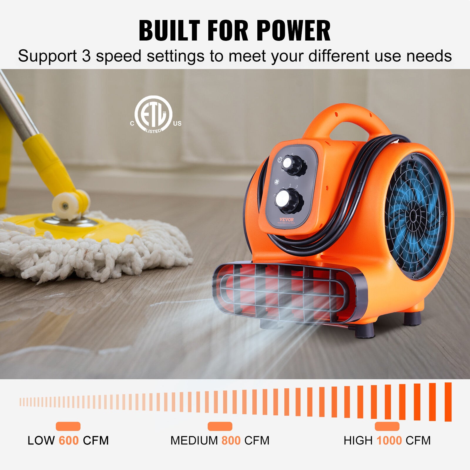 1000 CFM 3-Speed 1/4 HP Adjustable Air Mover Carpet Dryer Blower Floor Fan