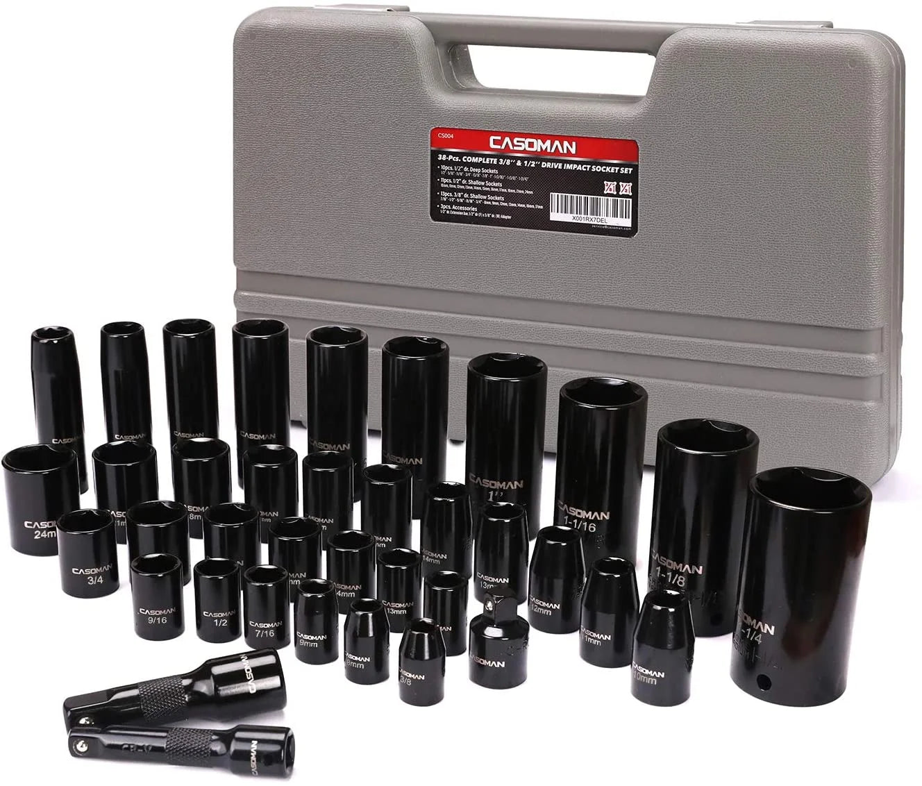 Complete 3/8" and 1/2" Drive Impact Socket Set, Sae/Metric, High Torque, 3/8"- 1-1/4", 8 Mm - 32 Mm, Deep & Shallow, 38-Piece Impact Socket Set