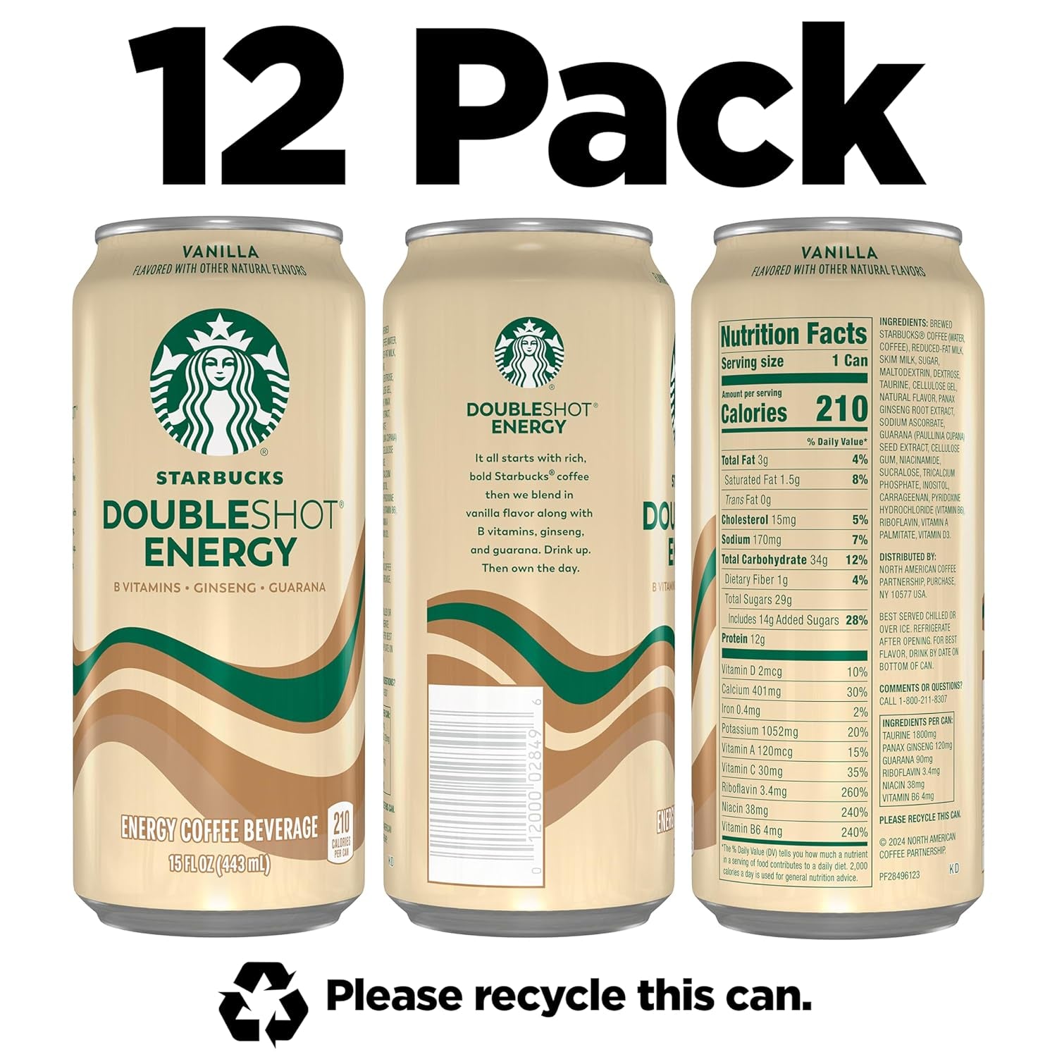 Doubleshot Energy Drink Coffee Beverage, Vanilla, Iced Coffee, 15 Fl Oz Cans (Packaging May Vary) (Pack of 12)