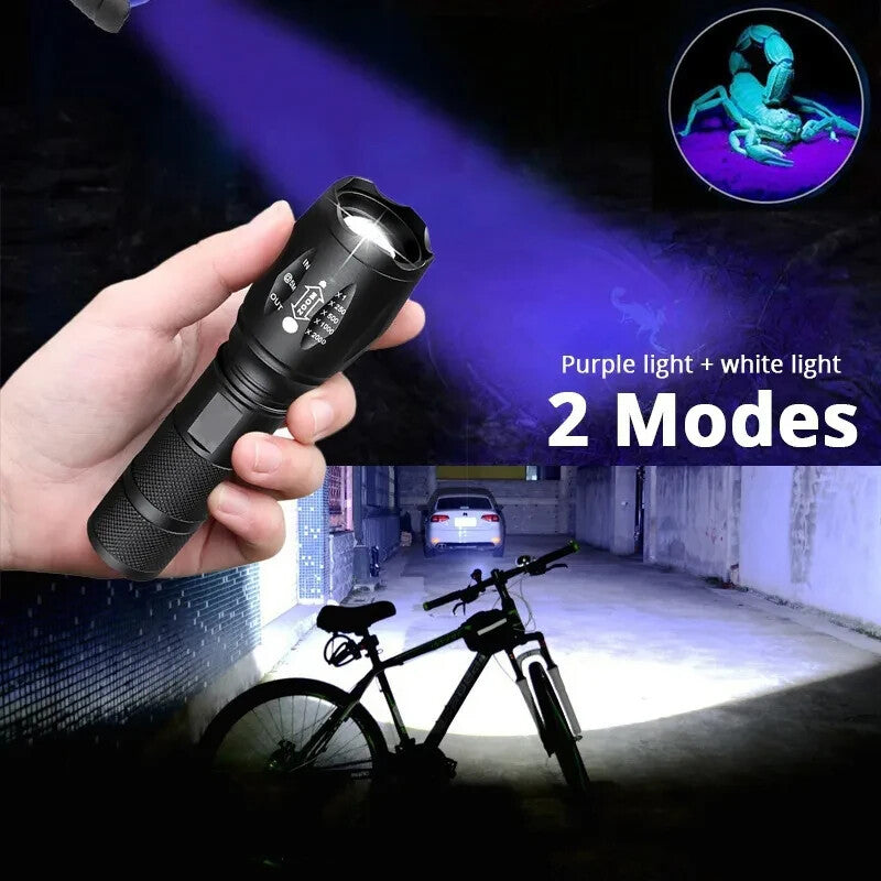 UV Flashlight LED Torch Zoomable Ultra Violet Black White Dual Light Detector