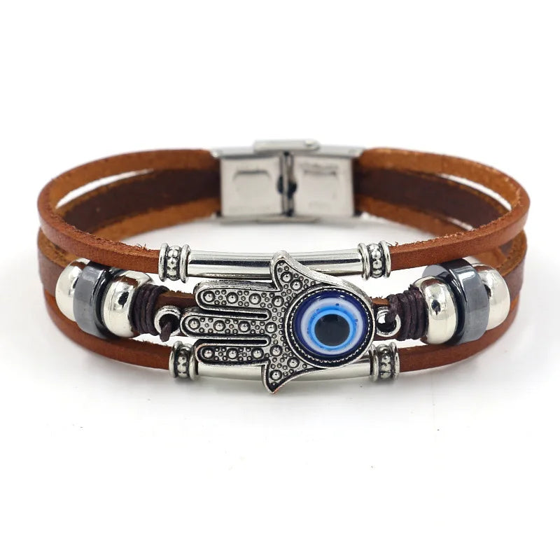 Trendy Punk Multilayer Leather Bracelet Female Fatima Hand Sun Flower Leaf Alloy Accessories Charm Jewelry Wristband Gift