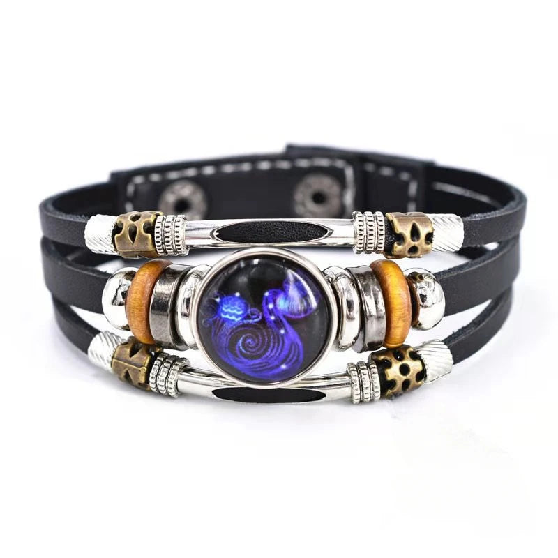 Twelve Constellations Luminous Leather Bracelet Retro Multi-Layer Beaded Leather Bracelet Jewelry Gifts for Men Women Couples