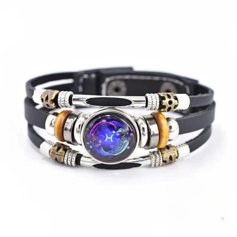 Twelve Constellations Luminous Leather Bracelet Retro Multi-Layer Beaded Leather Bracelet Jewelry Gifts for Men Women Couples