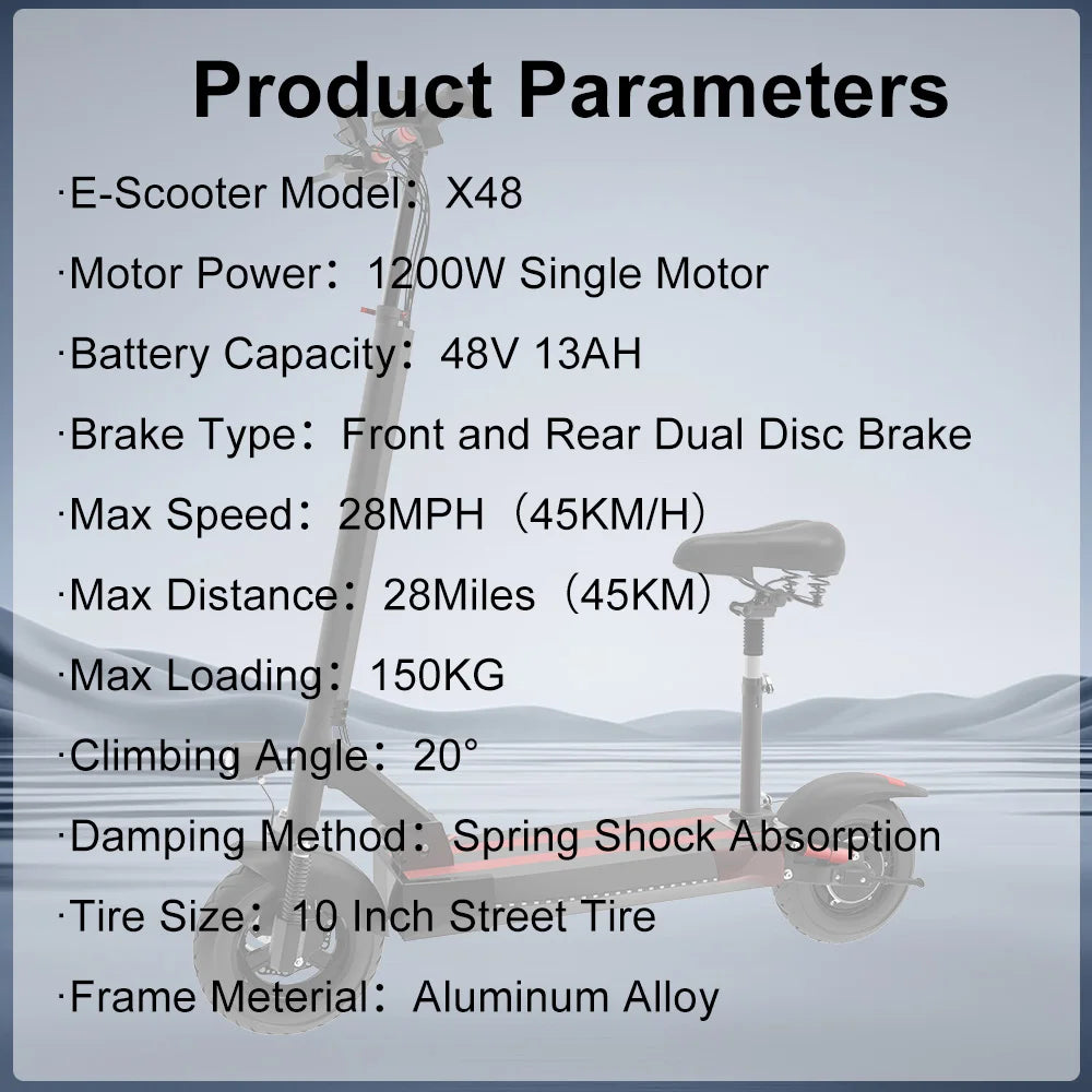 Like New X48 Electric Scooter with Seat 1200W Motor 13AH Battery 28MPH Top Speed 28 Miles Long Range Adults E-Scooters Foldable
