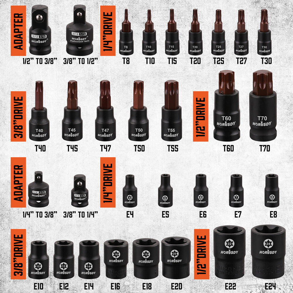 HORUSDY 31PC Torx Bit Socket& Female External Socket Set & Impact Socket Adapter