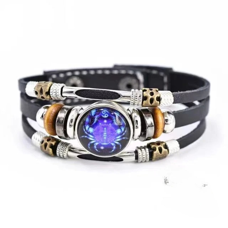 Twelve Constellations Luminous Leather Bracelet Retro Multi-Layer Beaded Leather Bracelet Jewelry Gifts for Men Women Couples