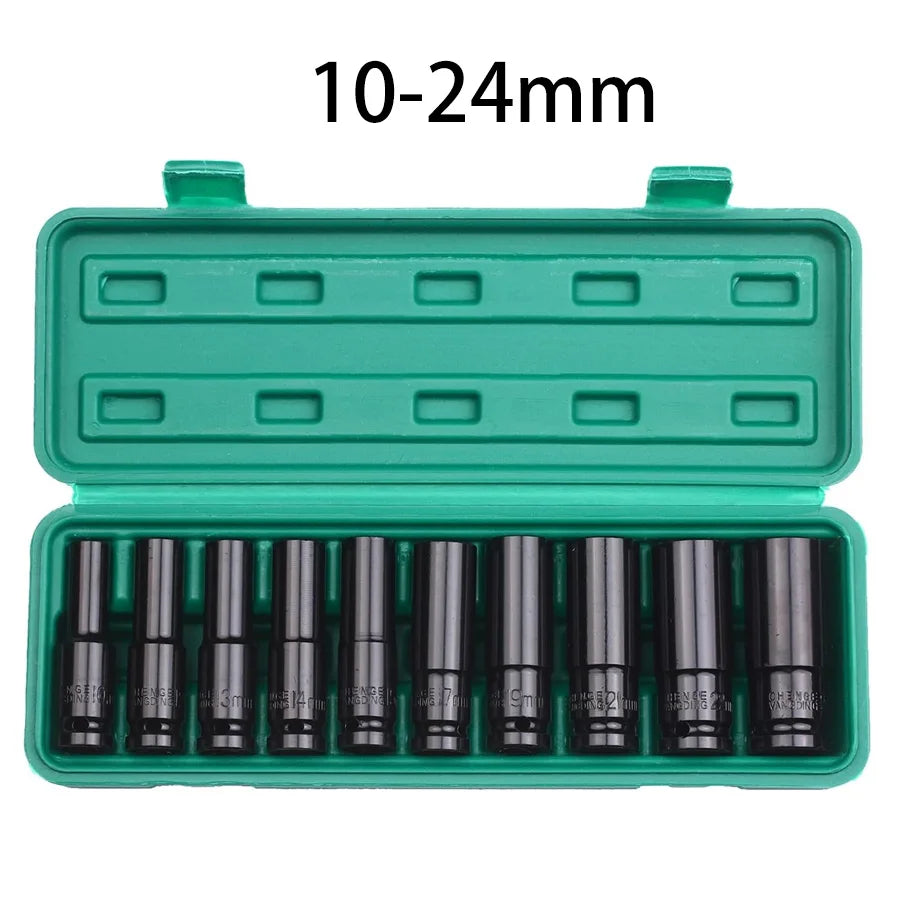 1/2Inch Drive 6-Point Impact Socket Set 10-Piece Metric Sizes 8-24M/10-24Mm Carbon Steel Impact Socket Set with Hard Storage Box
