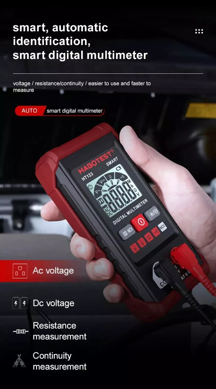 HABOTEST HT123 Digital Multimeter Smart Voltmeter Ohmmeter AC DC Meter Tester US