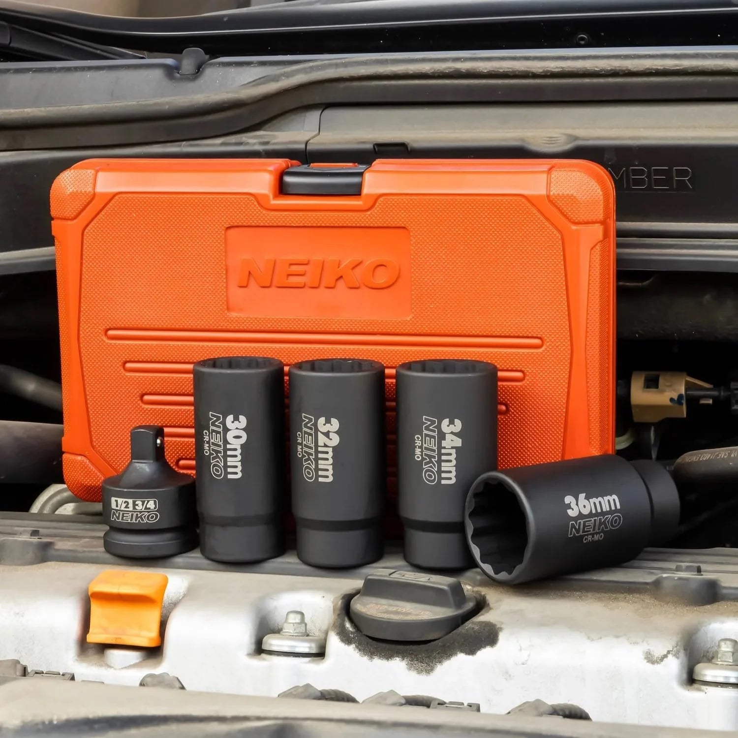 02530A 5 Piece 12 Point Socket Set 1/2” Drive, Lug Nut Remover, Spindle Nut Socket, Axle Nut Socket Set, Metric 30Mm - 36Mm Socket 1/2 Drive Impact Set, Cr-Mo Impact Adapter, 3/4" -1/2” Reducer