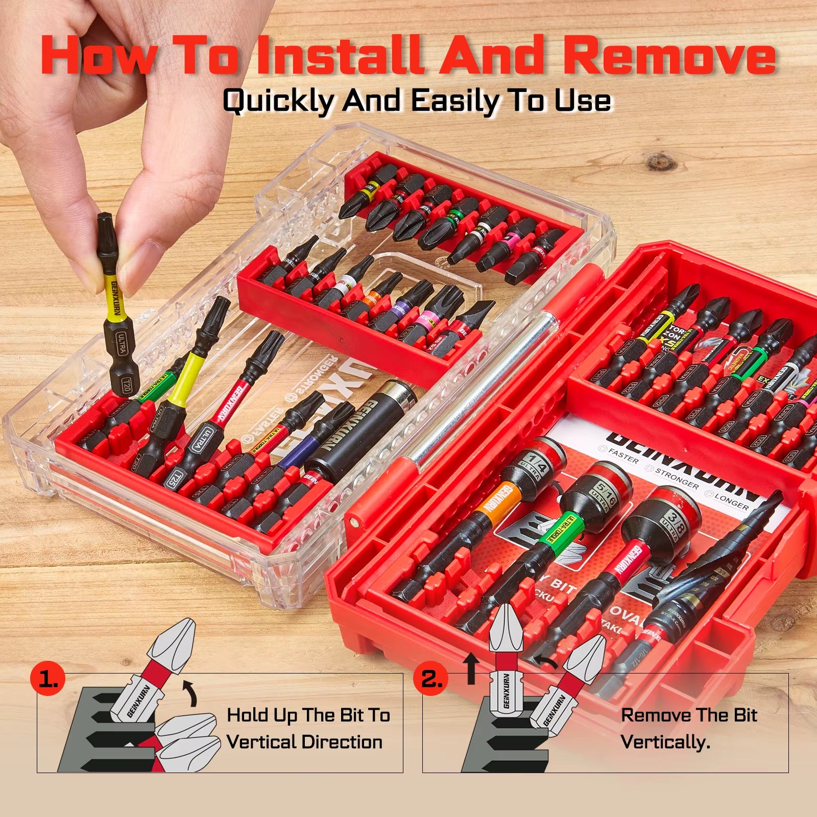 GEINXURN 32Pcs Industrial Impact Screwdriver Set 25Mm 50Mm Nut Driver 65Mm Step Drill Bit Color-Coded PH SQ TX SL8 Fast DIY