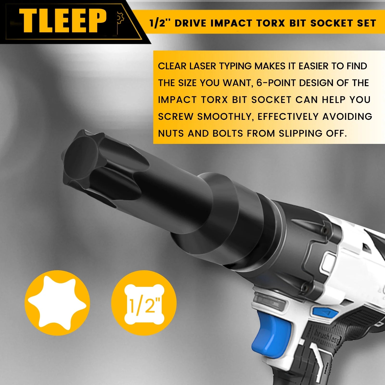 1/2 Inch Impact Torx Bit Socket Set,Cr-Mo Impact Grade,T30-T80 Torx Sockets with Socket Adapter