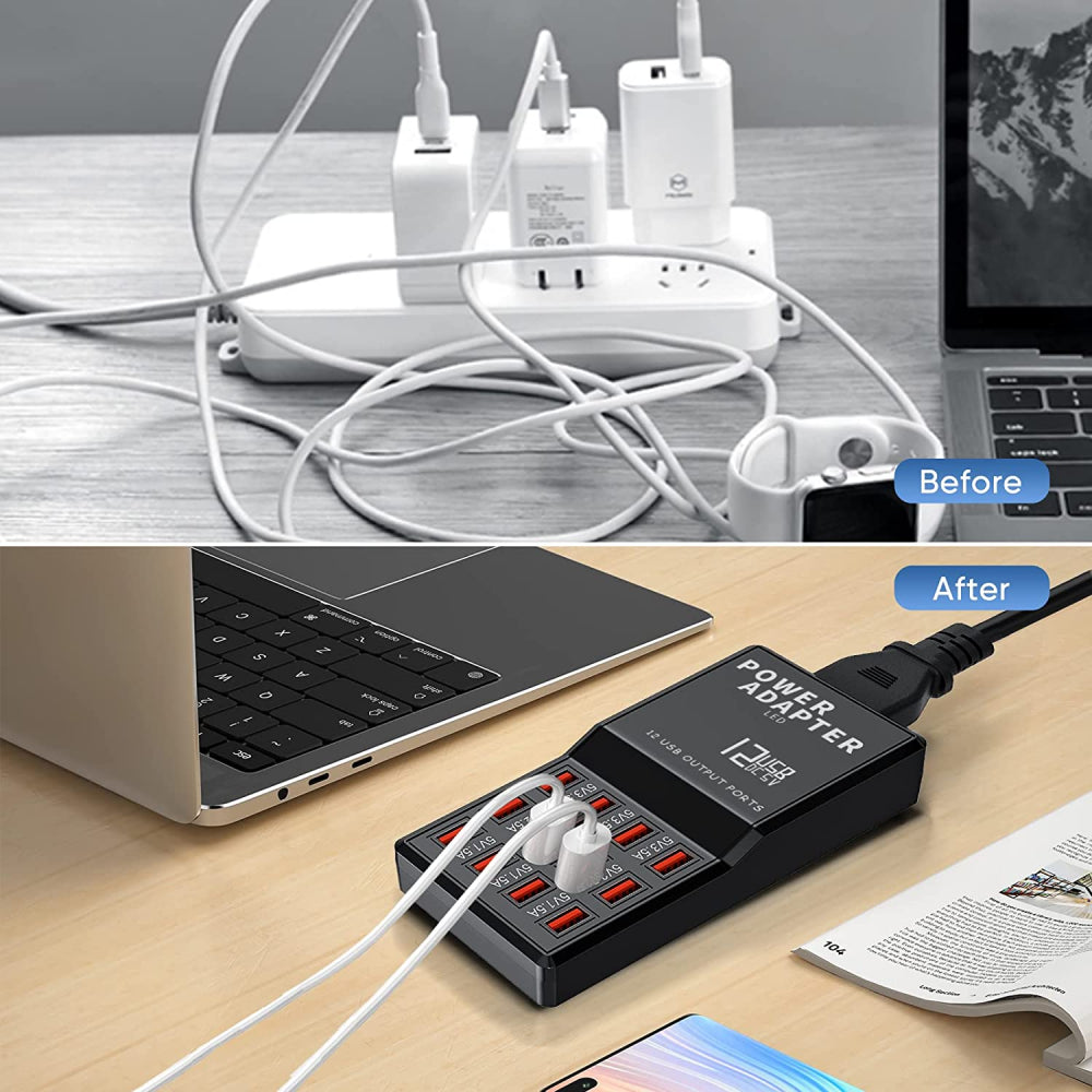 Multi 12 Port USB Charging Station Hub Desktop Wall Cell Phone Charger Organizer