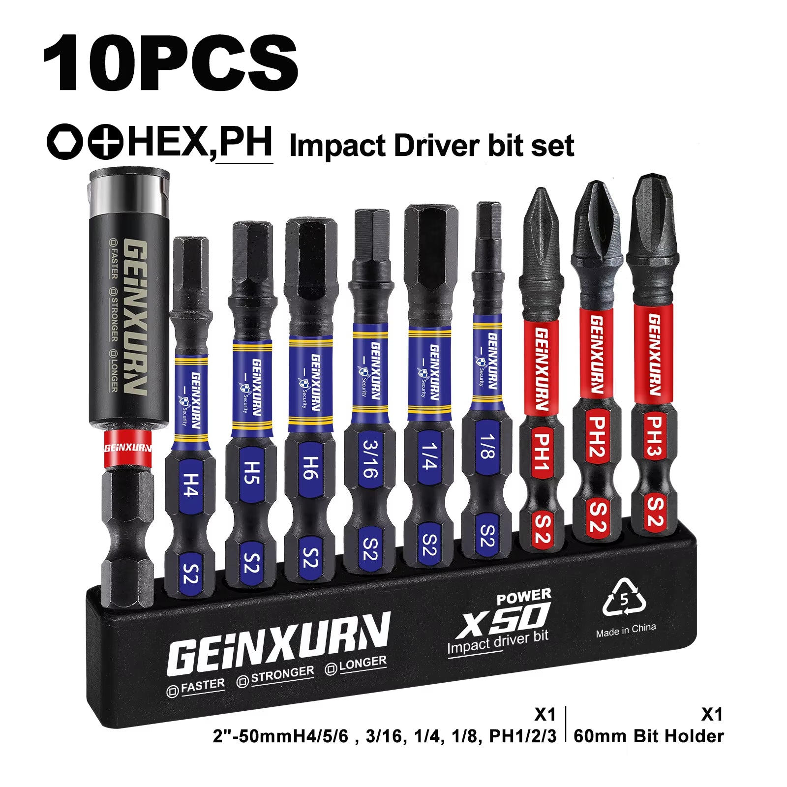 USA Warehouse Stock 10Pcs/Set 50Mm PH HEX High-Torque S2 Steel Drill Screwdriver Bits 60Mm Holder DIY Grade OEM/ODM