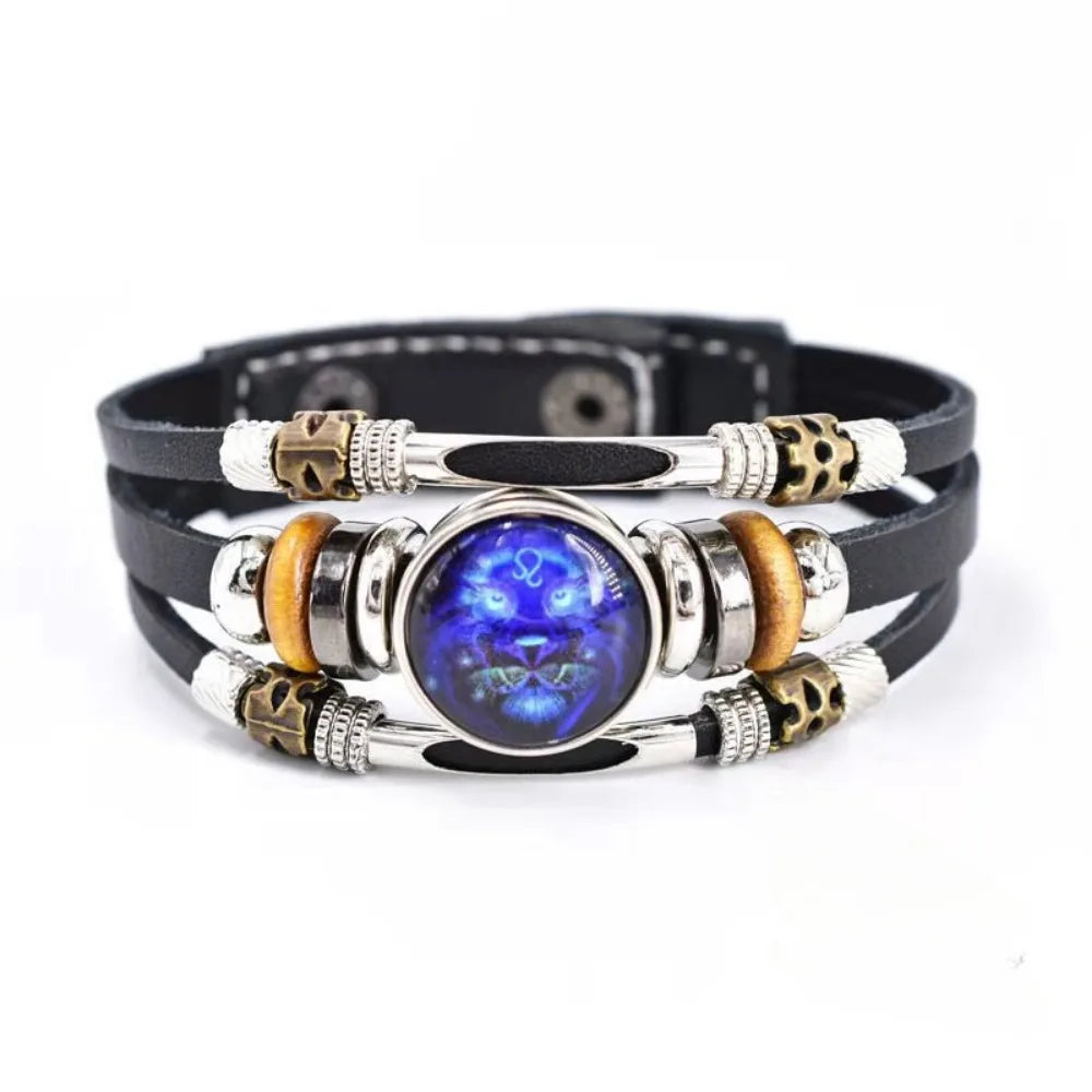 Twelve Constellations Luminous Leather Bracelet Retro Multi-Layer Beaded Leather Bracelet Jewelry Gifts for Men Women Couples