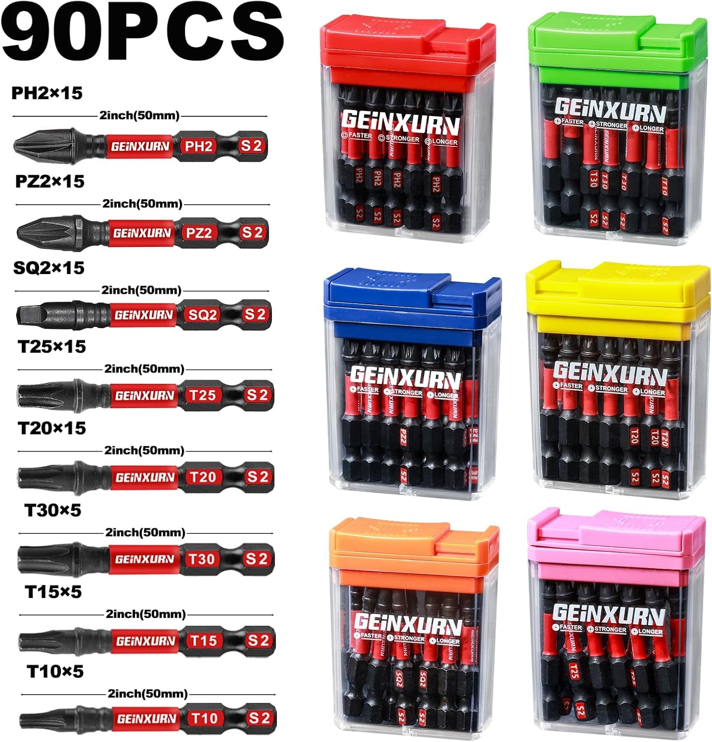 90 Pieces Impact Screwdriver Bits Set with Colorful Boxes, 2" Magnetic (PH2,PZ2,SQ2,T10,T15, T20,T25,T30) S2 Steel Multi Driver Bits