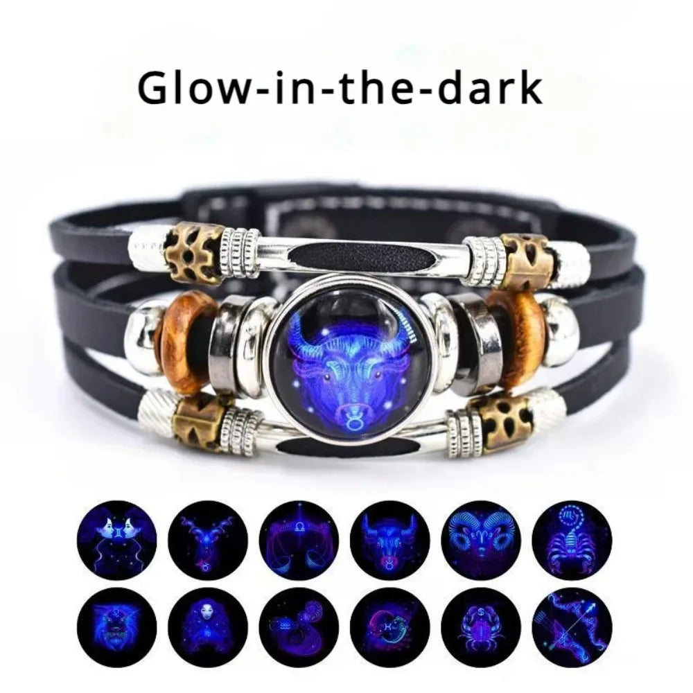 Twelve Constellations Luminous Leather Bracelet Retro Multi-Layer Beaded Leather Bracelet Jewelry Gifts for Men Women Couples