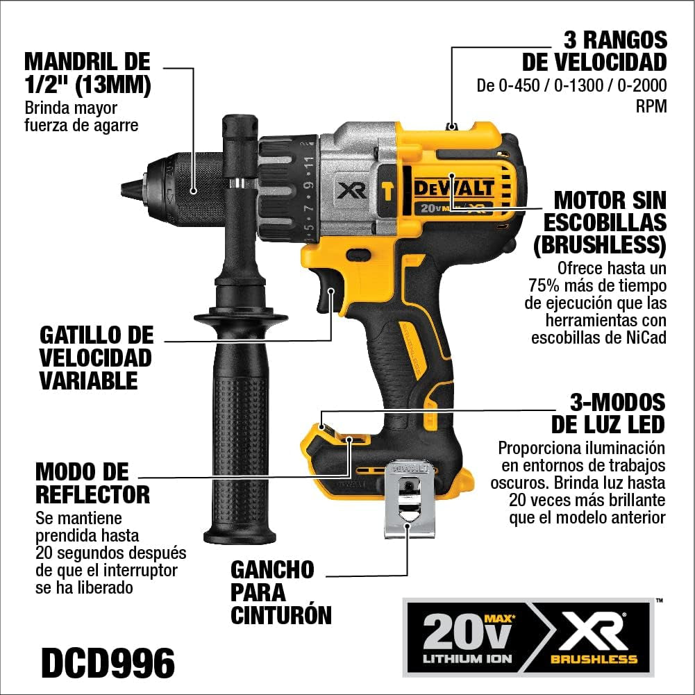 20V MAX XR Cordless Hammer Drill Driver Brushless, Heavy Duty 1/2", 3-Speed, Tool Only (DCD996B)