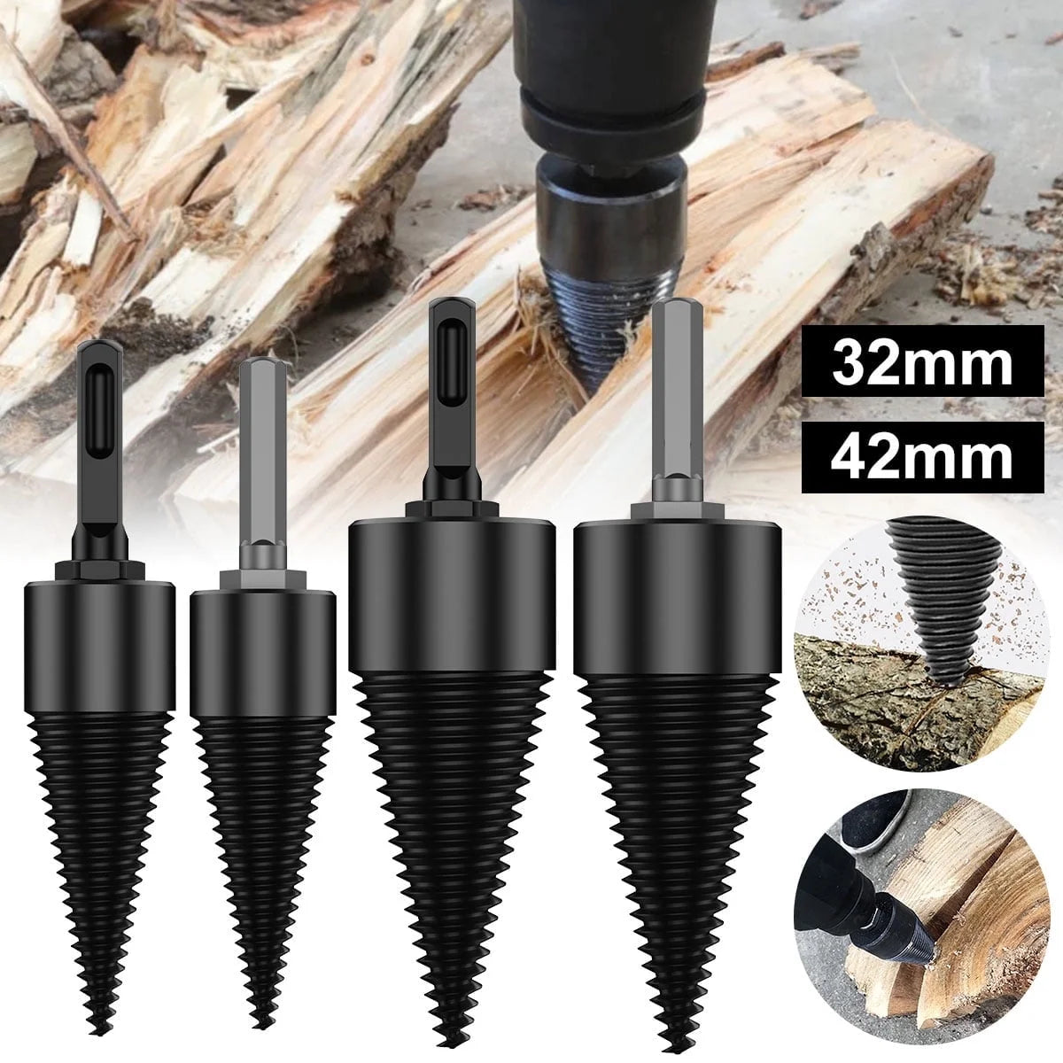 Wood Splitting Drill Bit High Speed Steel Firewood Log Splitter Drill Bit Wood Punch Cone Driver Drill Bit Woodworking Tool with Connecting Rod for Electric Drill Power Tool