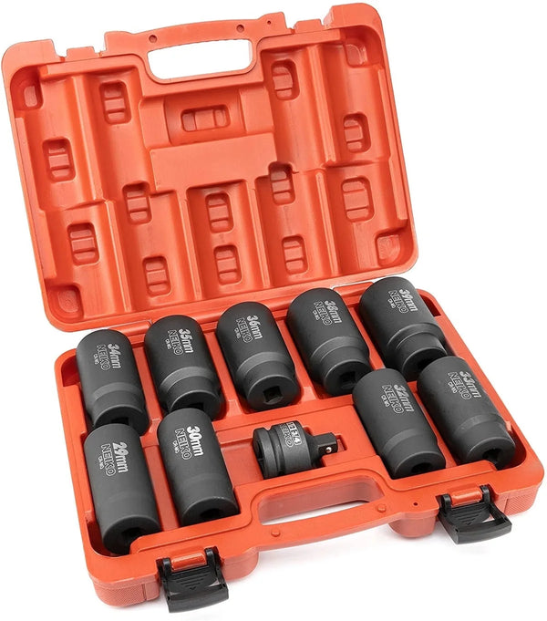 02531A 10 Piece 12 Point Socket Set 1/2” Drive, Lug Nut Remover, Spindle Nut Socket, Axle Nut Socket Set, Metric 29-39Mm Socket 1/2 Drive Impact Set, Cr-Mo Impact Adapter, 3/4" -1/2” Reducer